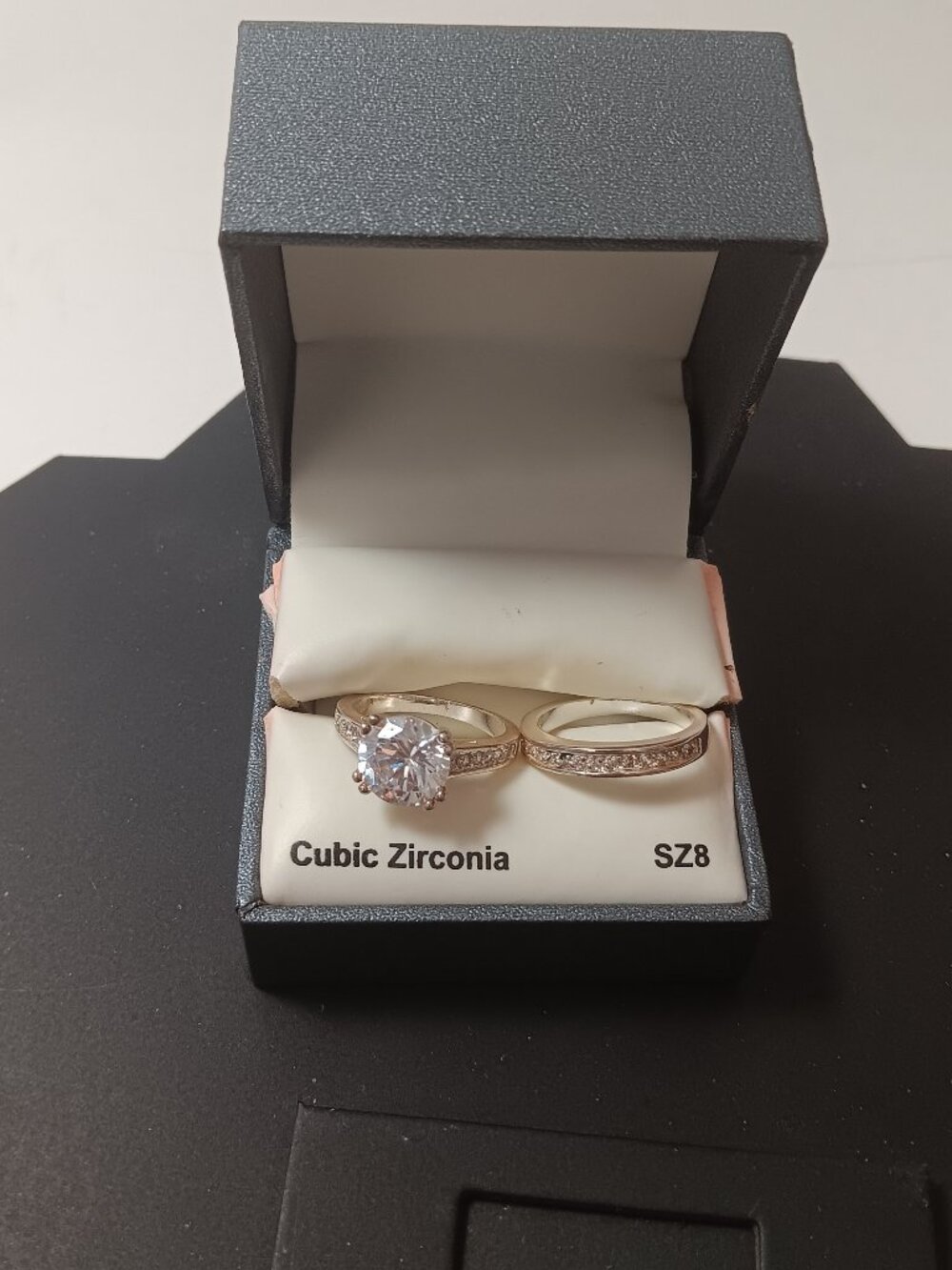 Cubic zirconia bridal ring set size 8 silver tone wedding band cz bridal set eng